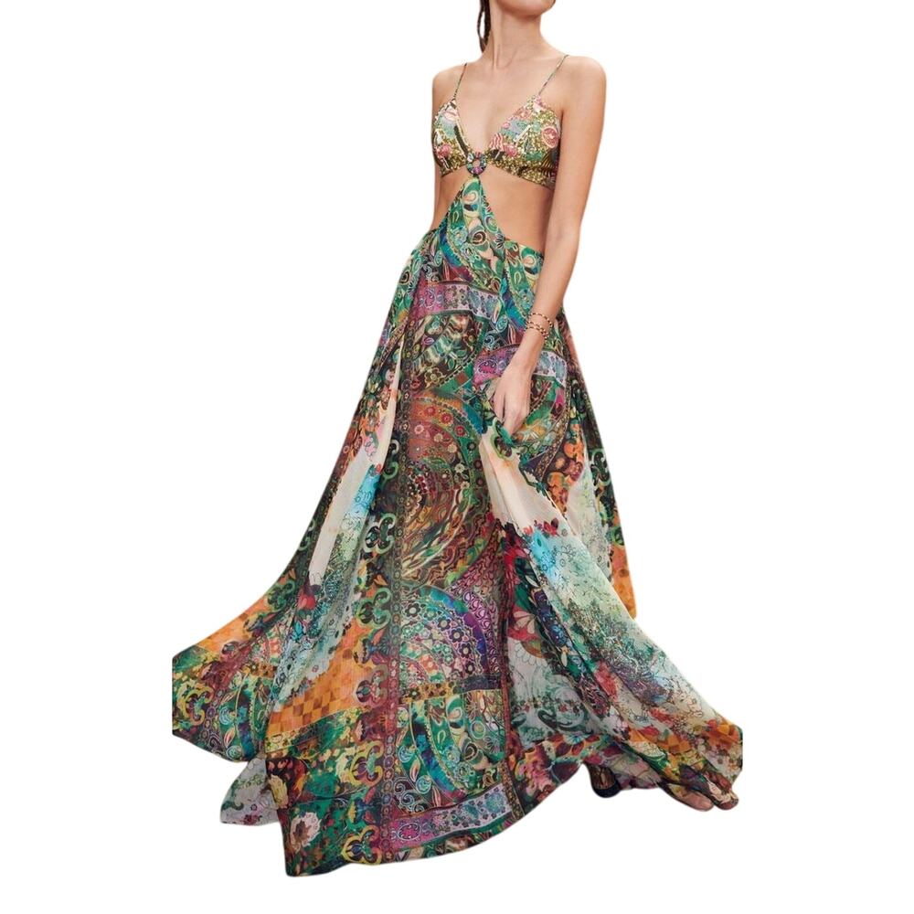 Alexis Sequined Paisley Print Cut-Out Pleated Maxi Dress Multicolor Size XS